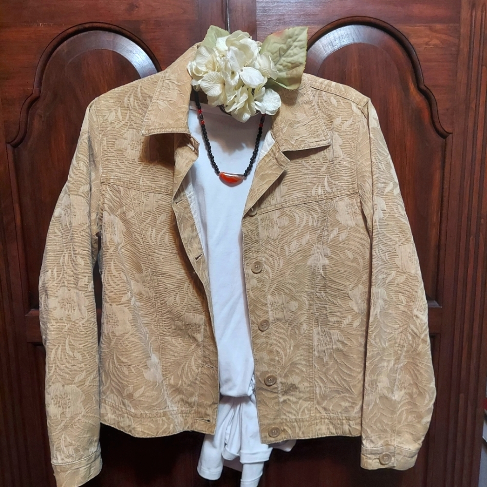 Coldwater Creek, Size PM, Casual Lightweight Floral Jean Jacket, Tan